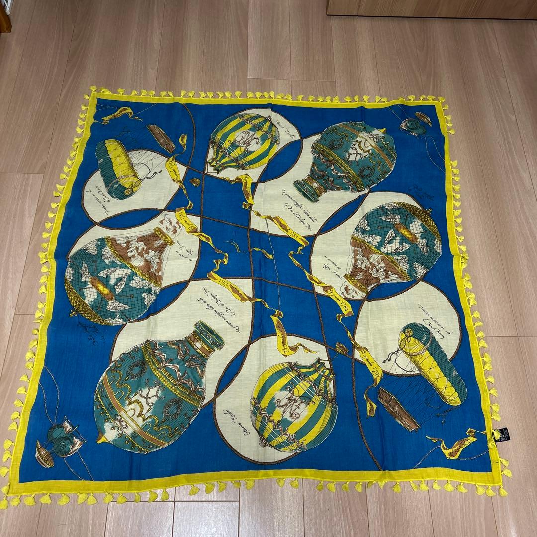 【未使用品】manipuri マニプリ　気球柄　コットンシルクストール　ポンポン