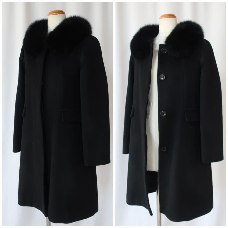 【タグ付き】クイーンズコート ロングコート フォックスファー カシミヤ混 黒 M