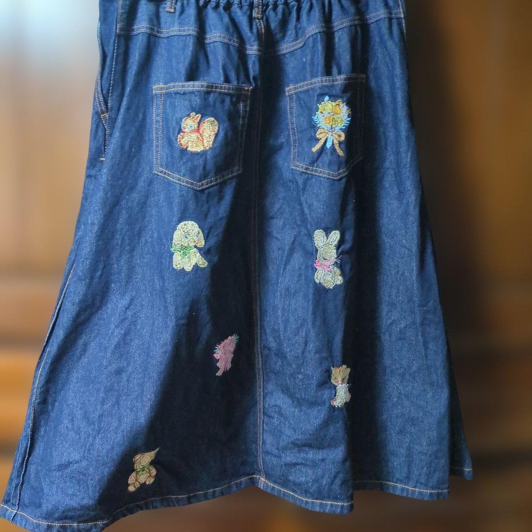 yukiemon 3L 刺繍デニムスカート クマ ねこ うさぎ 犬