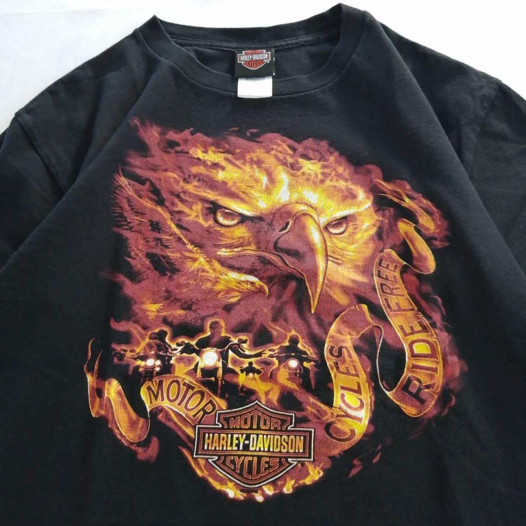 ハーレーダビッドソン 両面ビッグロゴ プリントTシャツ 炎 鷲 L ブラック