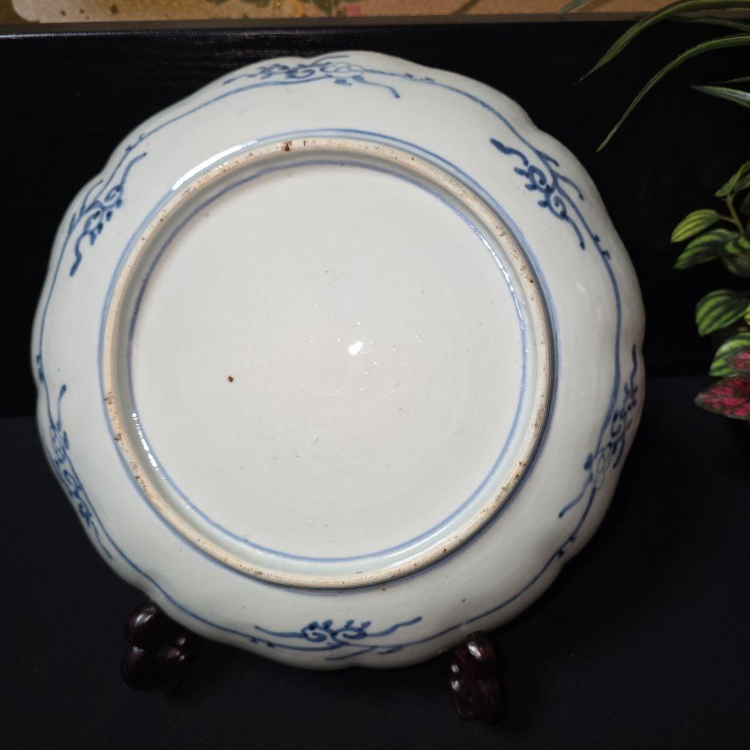 古伊万里　輪花皿　絵皿　朝日に金彩 鳥 山水図　深皿　3枚