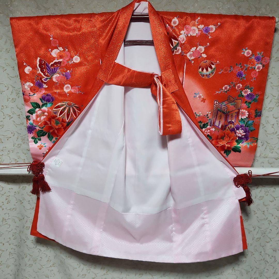 #12-028 ( 保管品 ) 合繊 女児 お宮参り着物 産着 花と毬