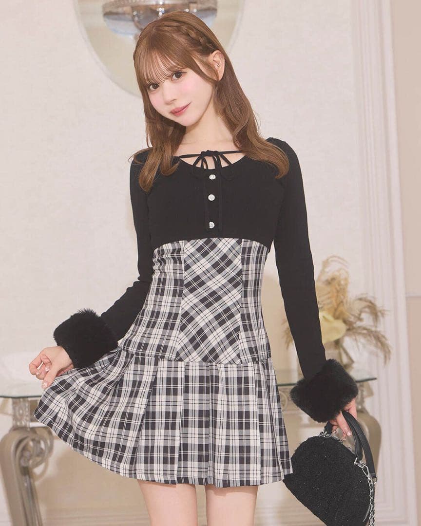 【即日発送】ボレロsetチェックプリーツワンピ フリーサイズ