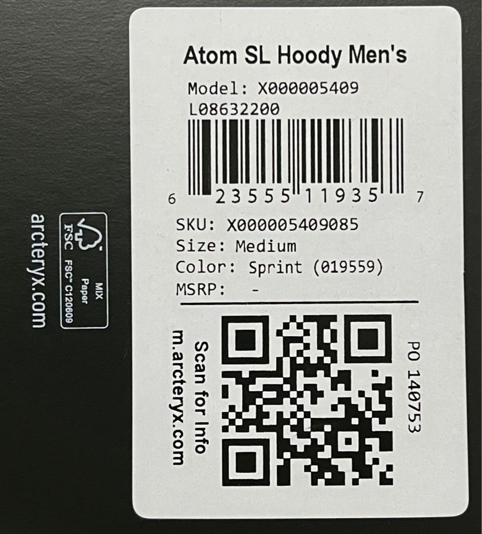 ジャケット・アウター ARC'TERYX Atom SL Hoody Men's Sprint M