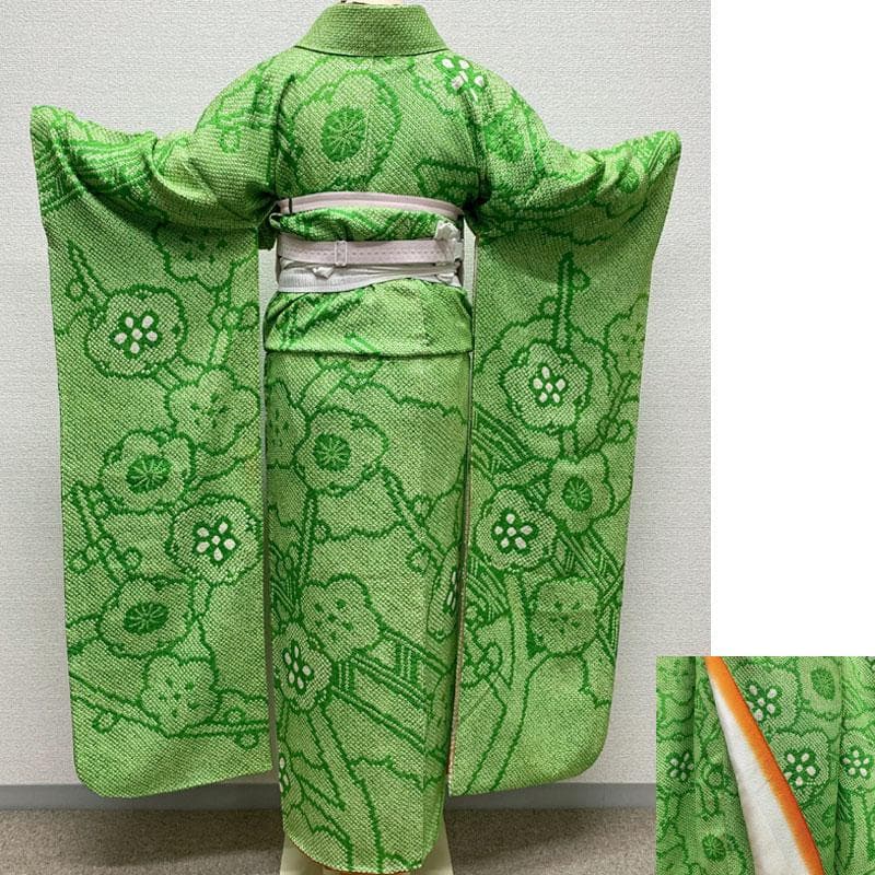 601aj56◎振袖のみ 総絞り ハーフ成人式 十三参り 梅 黄緑◎