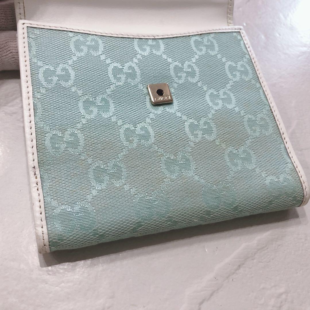 ☆GUCCI☆ グッチ 二つ折り財布 ホワイト 水色 キャンバス レザー GG柄