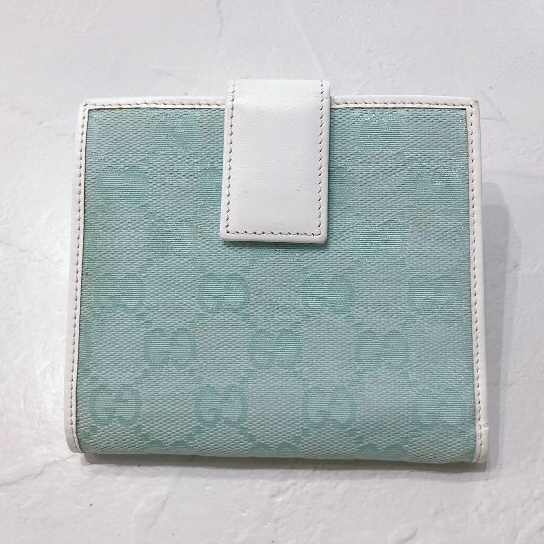 ☆GUCCI☆ グッチ 二つ折り財布 ホワイト 水色 キャンバス レザー GG柄