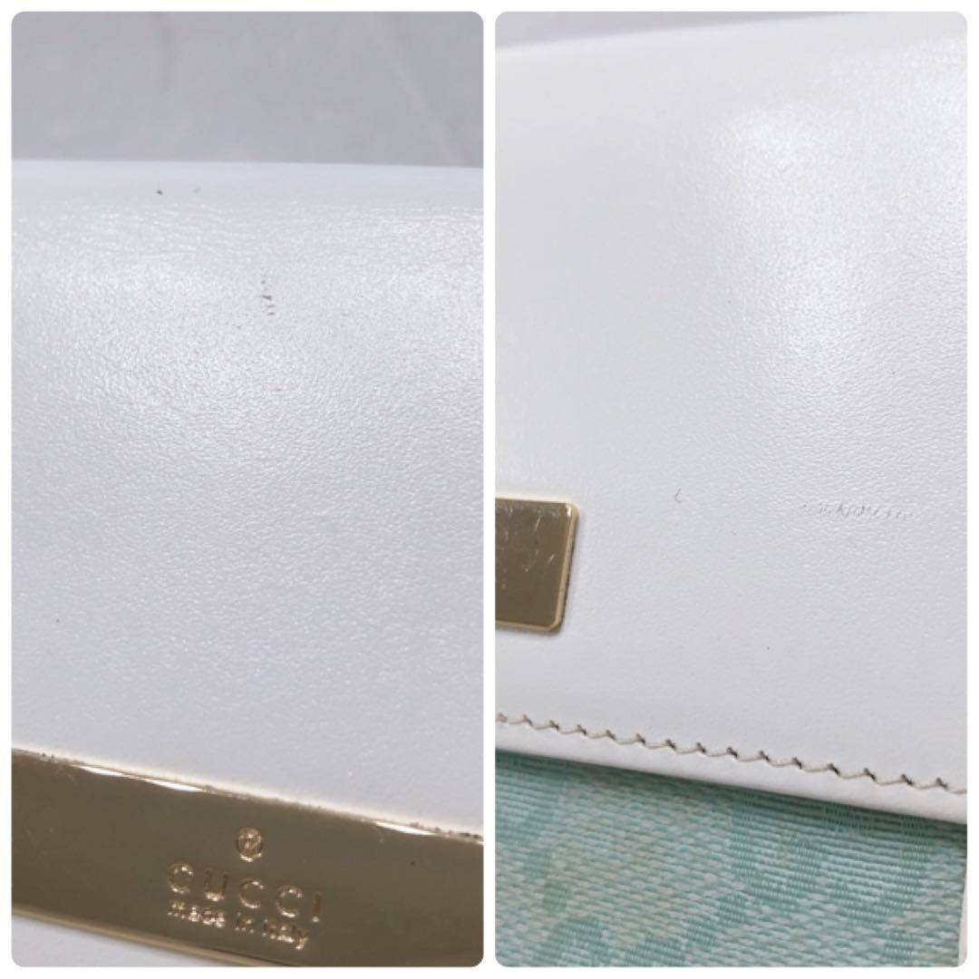 ☆GUCCI☆ グッチ 二つ折り財布 ホワイト 水色 キャンバス レザー GG柄