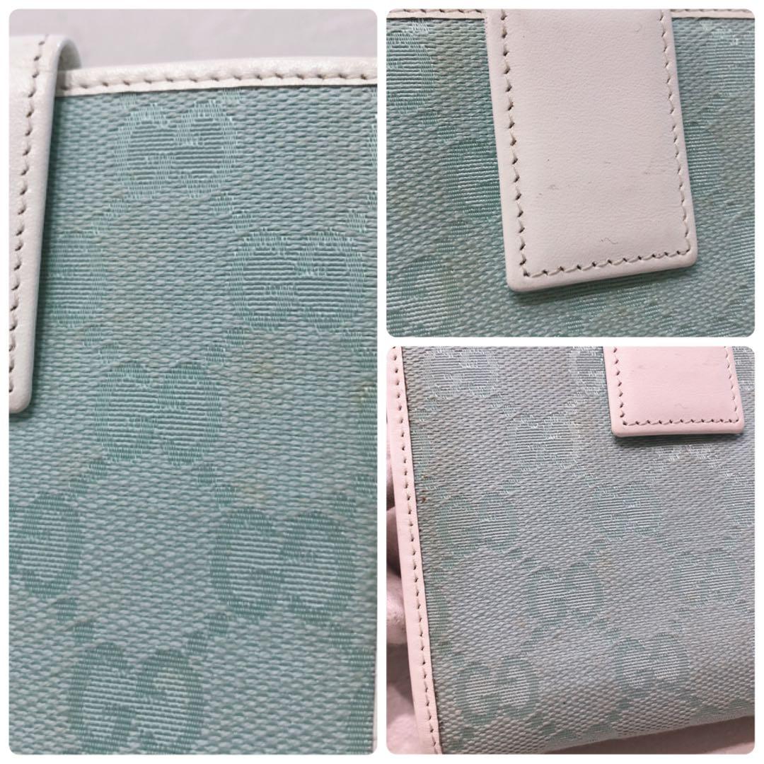 ☆GUCCI☆ グッチ 二つ折り財布 ホワイト 水色 キャンバス レザー GG柄
