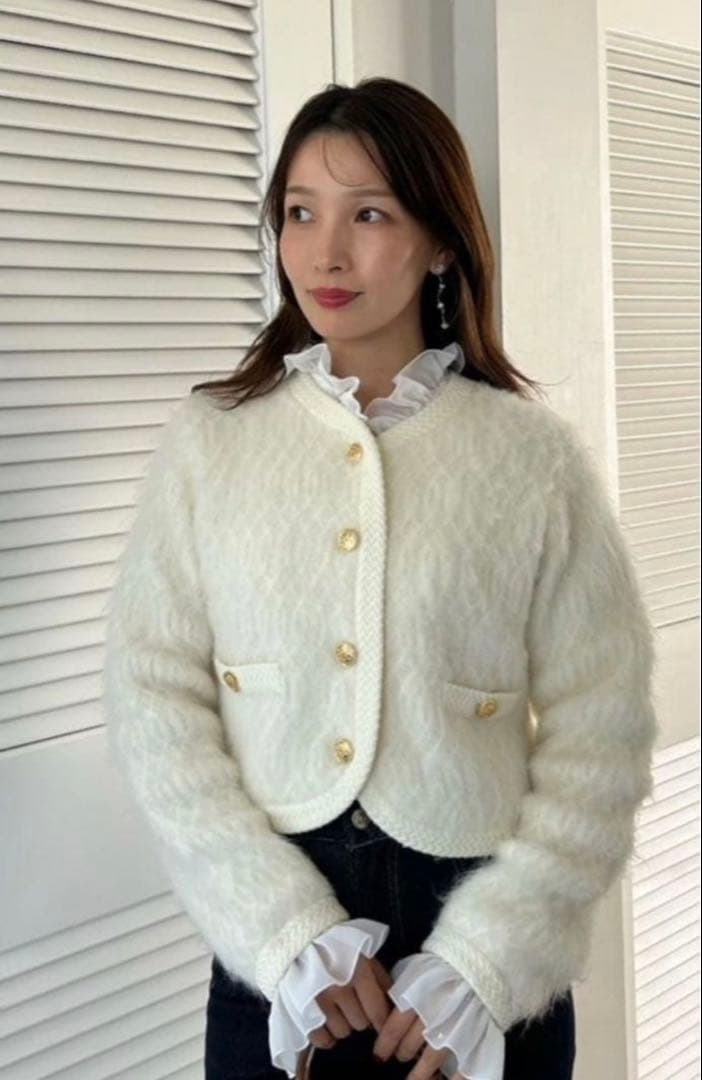 SNIDEL ファーライクフリルニットジャケット　アイボリー