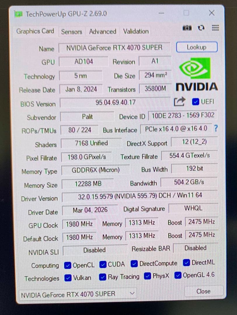 Palit GeForce RTX4070Super Dual12G 動作確認済