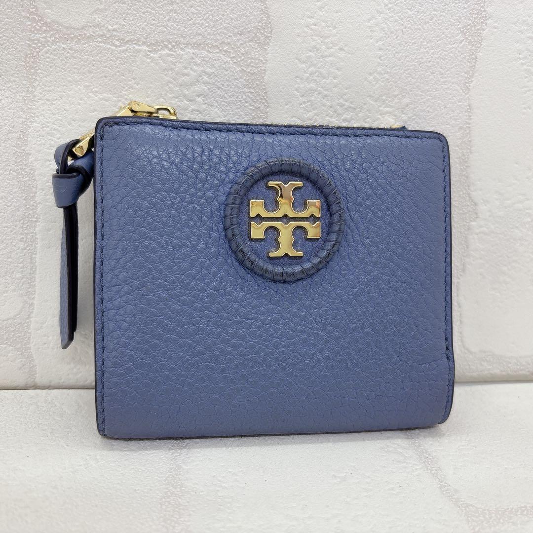 美品✨ トリーバーチ TORY BURCH 折財布 二つ折り ブルー シボ革 金