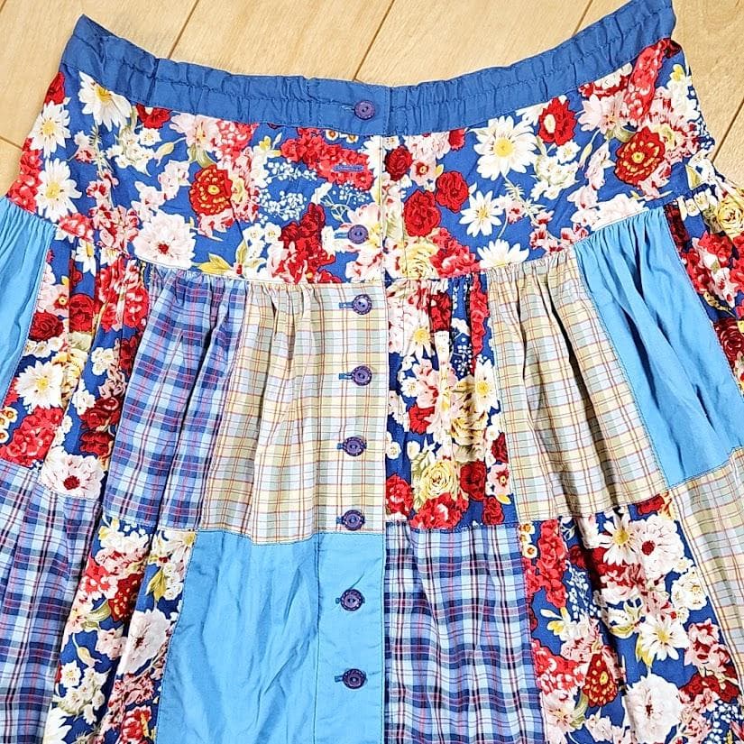 ピンクハウス　花×チェック　パッチワークギャザーフレアスカート梯子レース×リボン