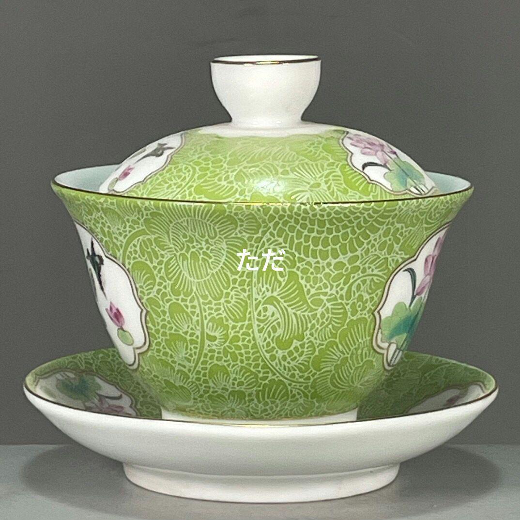 緑底開窓花鳥図紋三才蓋碗 中国茶器 景徳镇 蓋付き茶器 飲茶食器 煎茶具未使用品