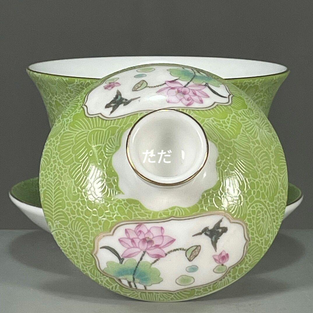 緑底開窓花鳥図紋三才蓋碗 中国茶器 景徳镇 蓋付き茶器 飲茶食器 煎茶具未使用品