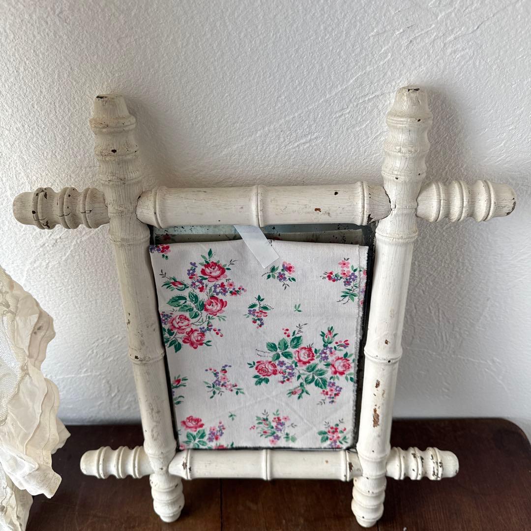 フランスアンティーク　バンブーミラー　ホワイトペイント　壁掛け鏡　ブロカント