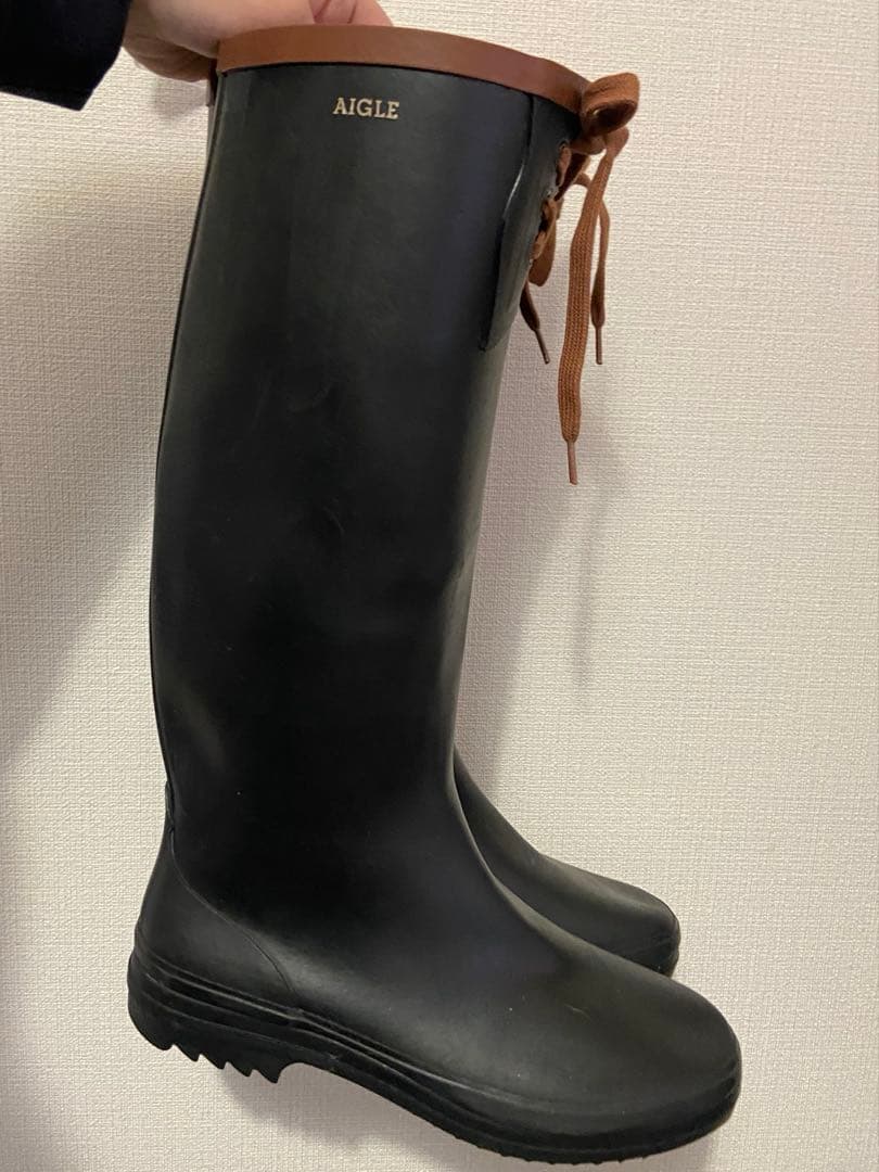 【値下げ】AIGLE ブラック レースアップ ロングブーツ レインブーツ　長靴