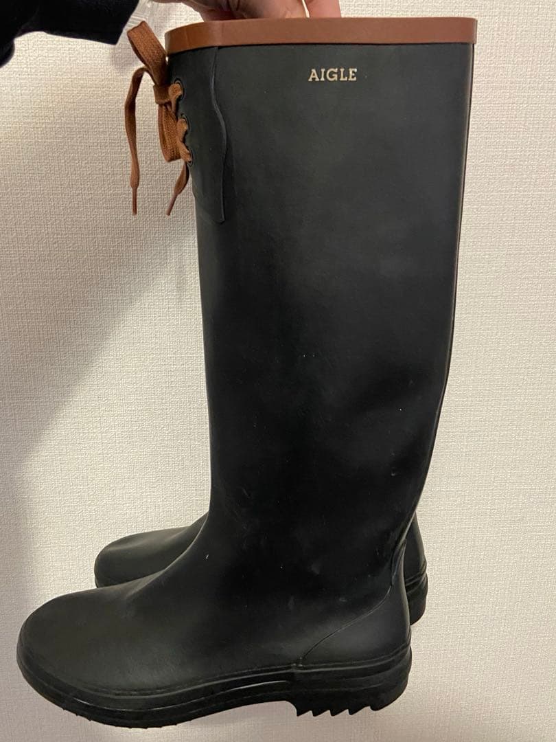 【値下げ】AIGLE ブラック レースアップ ロングブーツ レインブーツ　長靴