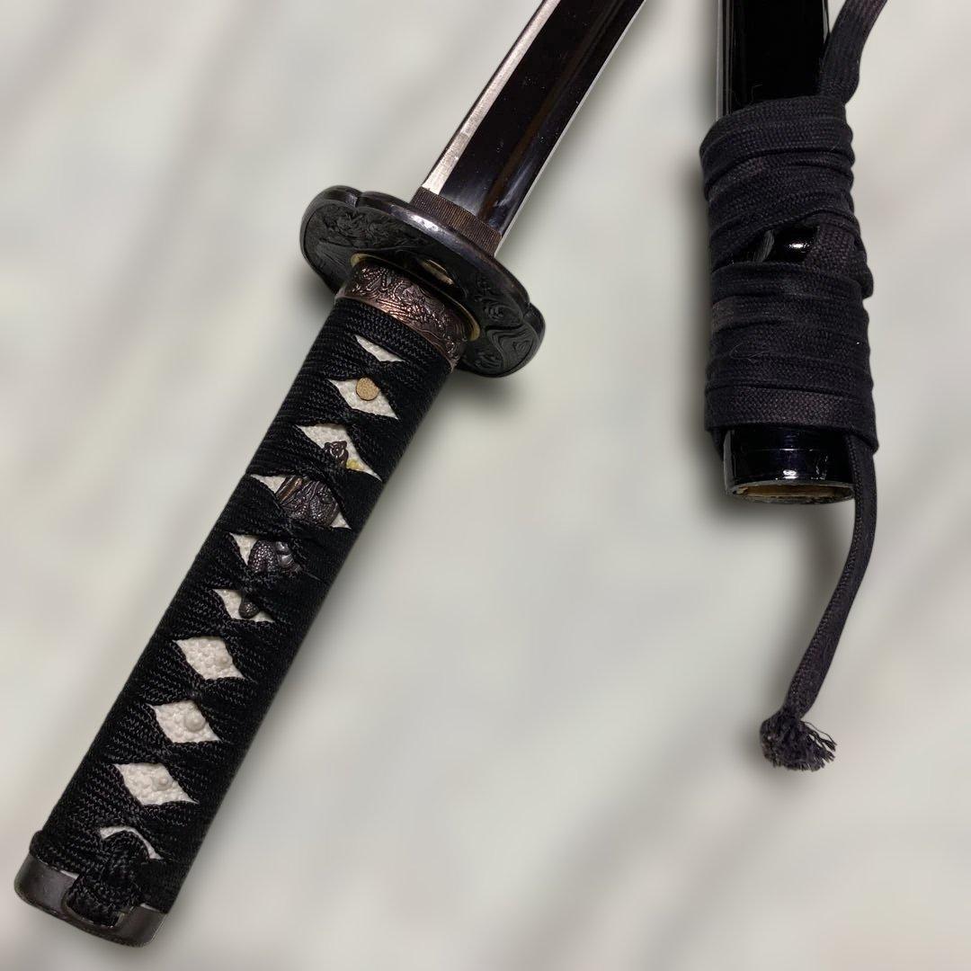 脇差居合刀 黒柄 富士昇龍木瓜鍔 黒呂鞘
