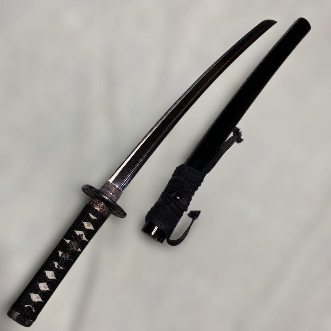 脇差居合刀 黒柄 富士昇龍木瓜鍔 黒呂鞘