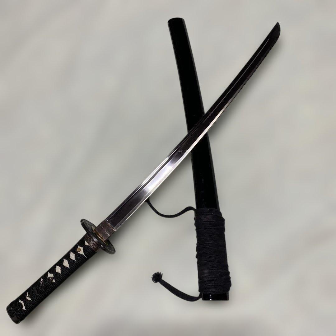 脇差居合刀 黒柄 富士昇龍木瓜鍔 黒呂鞘