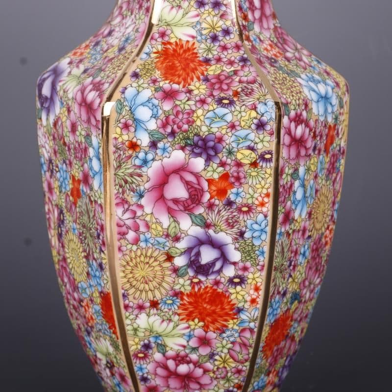 清乾隆蒔金琺瑯彩万花柄六方花瓶 陶磁器 装飾品 現代工芸品美術品 置物