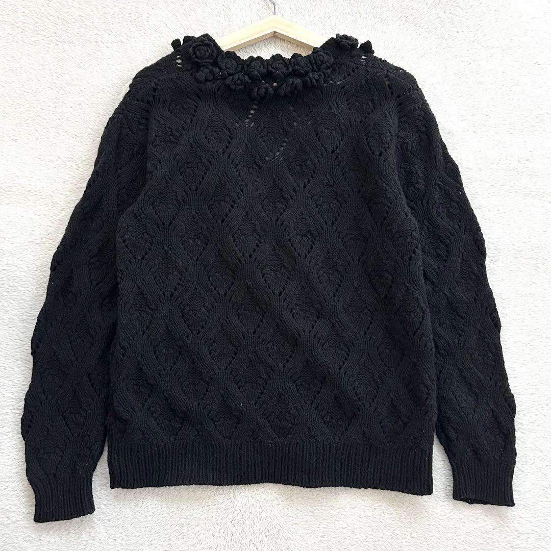 KANEKO ISAO 薔薇 お花モチーフ Vネック カーディガン F ブラック