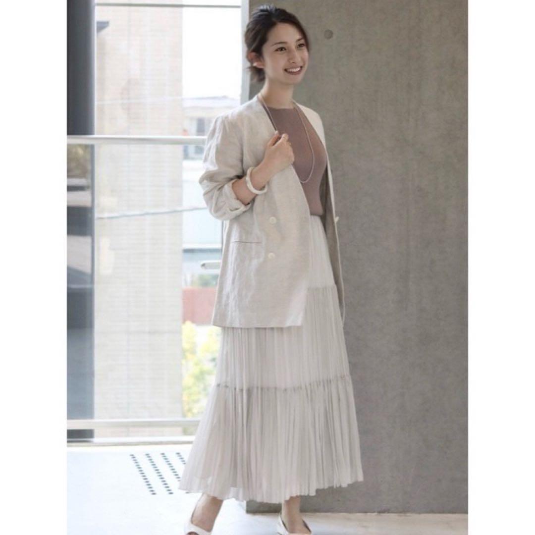 IENA／定番品／麻100%フレンチリネンノーカラージャケット ベージュ