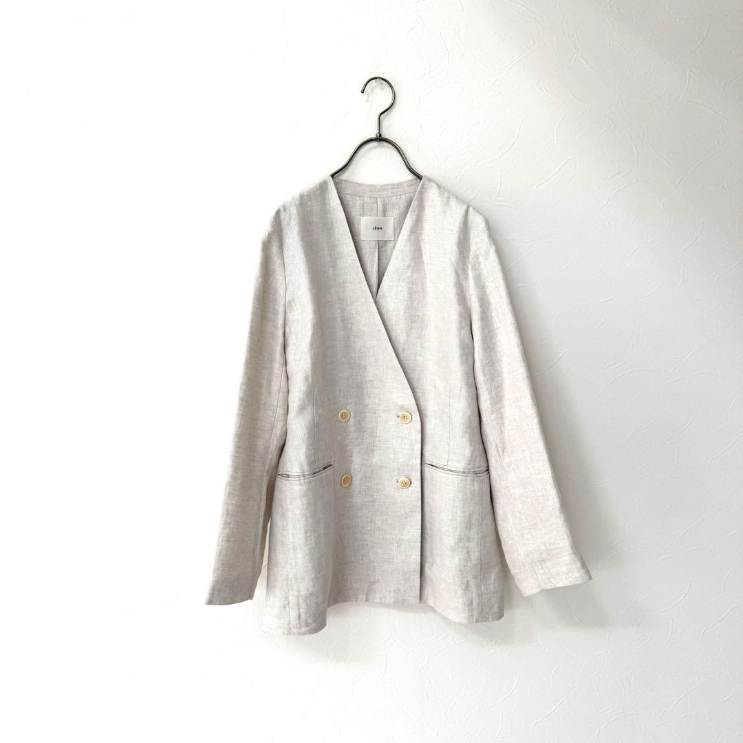 IENA／定番品／麻100%フレンチリネンノーカラージャケット ベージュ