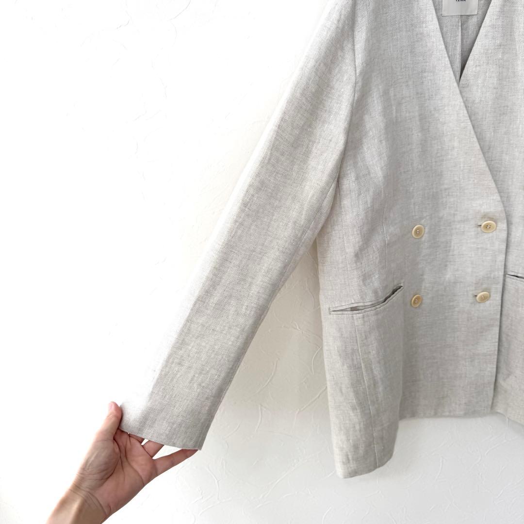 IENA／定番品／麻100%フレンチリネンノーカラージャケット ベージュ
