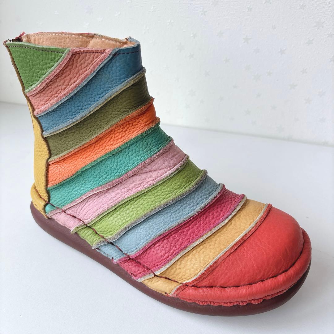 極美品✨ エスタシオン　ジップアップ ボーダーショートブーツ　本革　マルチカラー