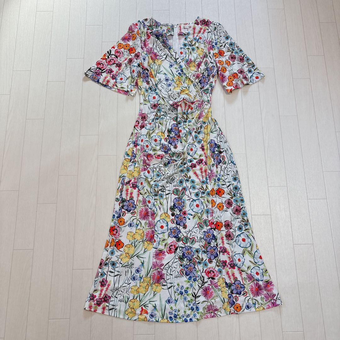 美品 kayme ケイミー 現行品 ストレッチジャージーギャザーワンピース 花柄