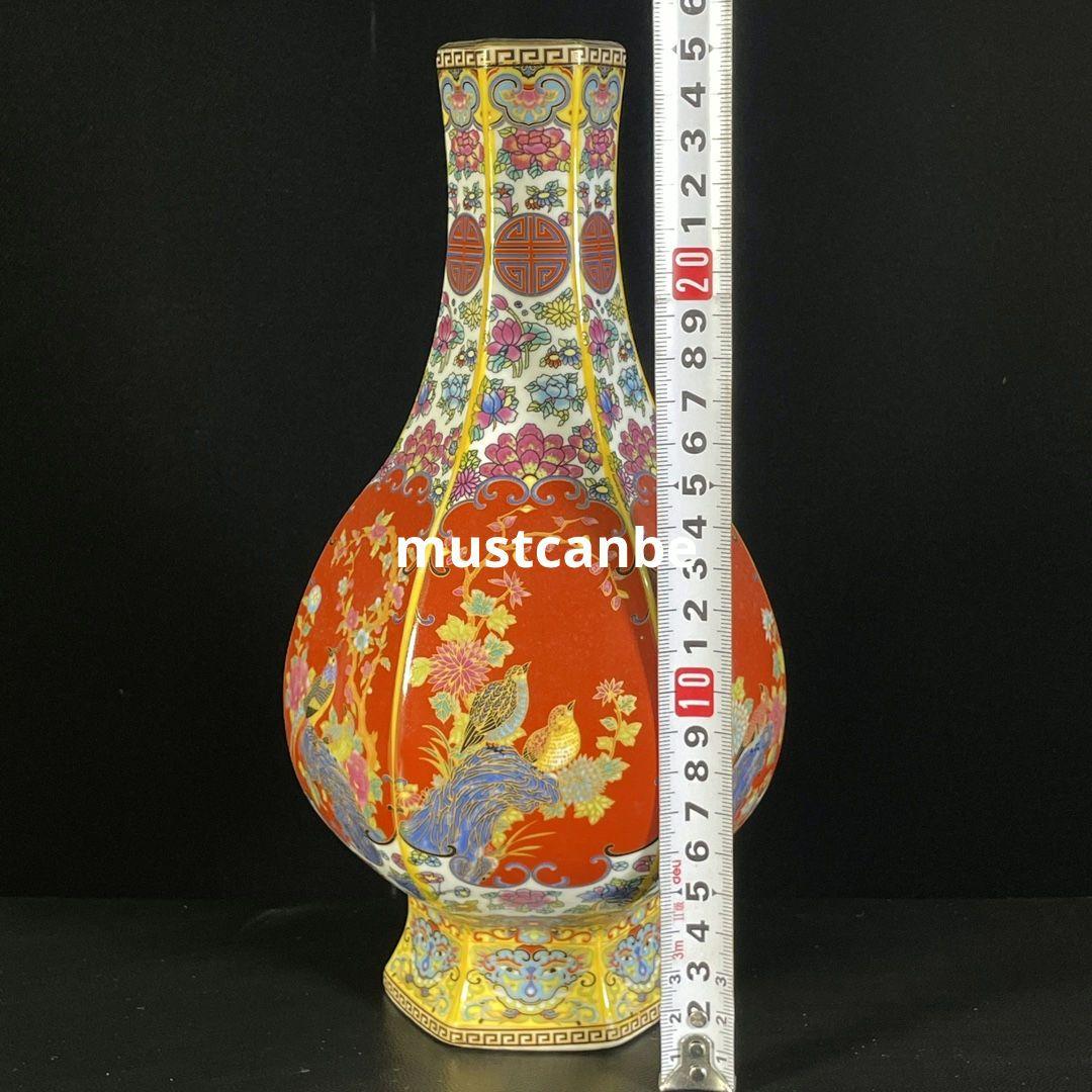 珐瑯彩赤釉花鸟六棱瓶 景徳鎮 陶磁器 装飾品 現代工芸品 美術品 置物