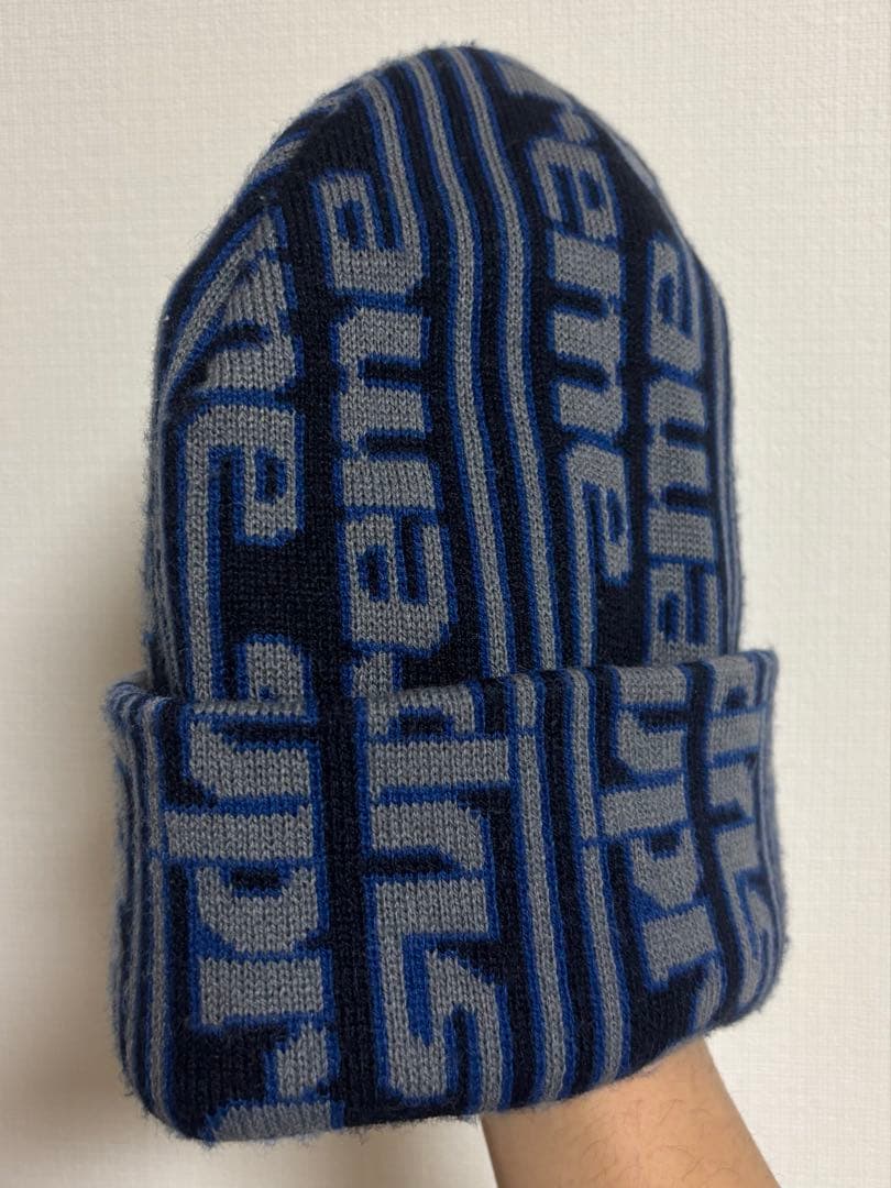 【極美品】Supreme ビーニー ニット帽 総柄　ブルー/グレー