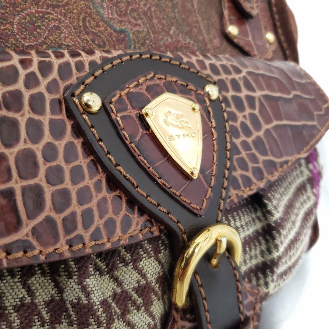 美品✨ETRO ボストンバッグ ロゴ金具 クロコ型押し・PVC切替え ペイズリー
