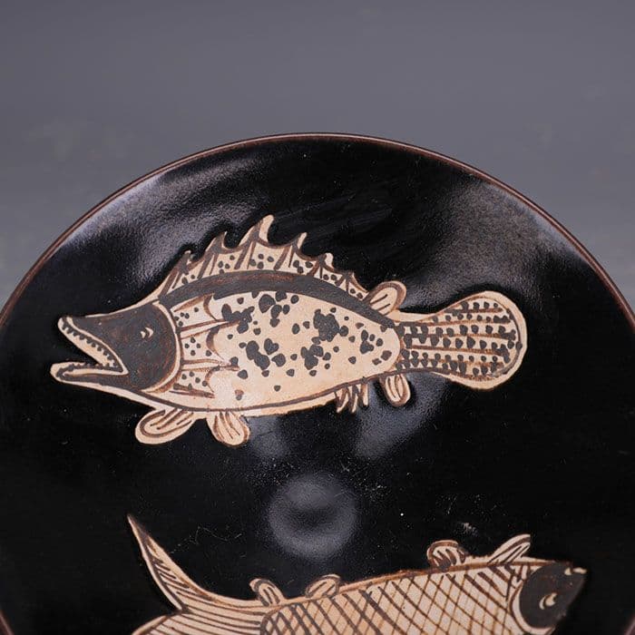 宋代吉州窯黒釉彩画魚紋斗笠碗 茶器 景徳鎮 陶磁器 装飾品現代工芸品美術品 置物