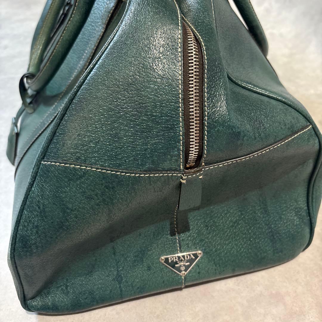 バッグ 00s Prada Green Leather Boston Bag