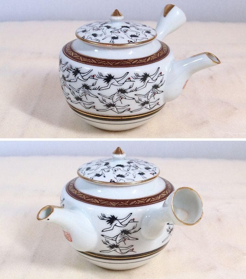 【戦前・未使用】九谷焼 九谷栄山 群鶴文 茶菓セット/茶器揃5客 急須/湯吞茶碗