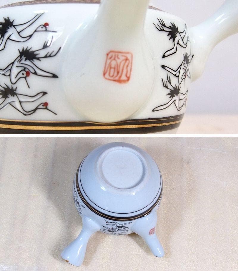 【戦前・未使用】九谷焼 九谷栄山 群鶴文 茶菓セット/茶器揃5客 急須/湯吞茶碗
