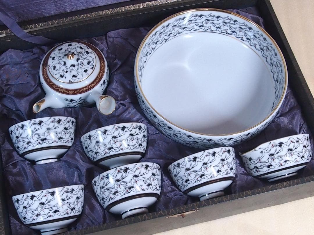 【戦前・未使用】九谷焼 九谷栄山 群鶴文 茶菓セット/茶器揃5客 急須/湯吞茶碗