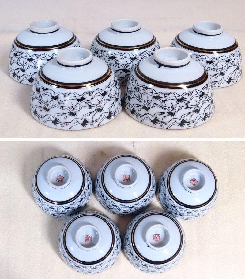 【戦前・未使用】九谷焼 九谷栄山 群鶴文 茶菓セット/茶器揃5客 急須/湯吞茶碗