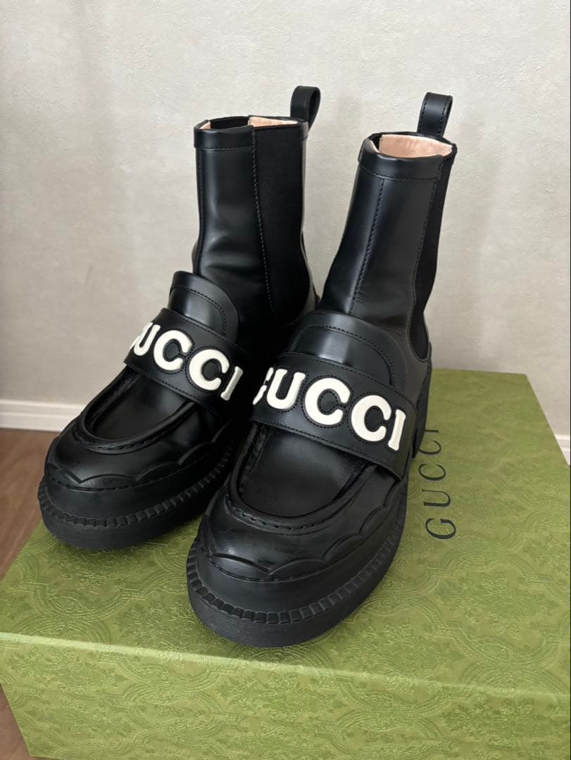期間限定値下げ グッチ オルネラ ロゴアップリケ レザー アンクルブーツ37.5