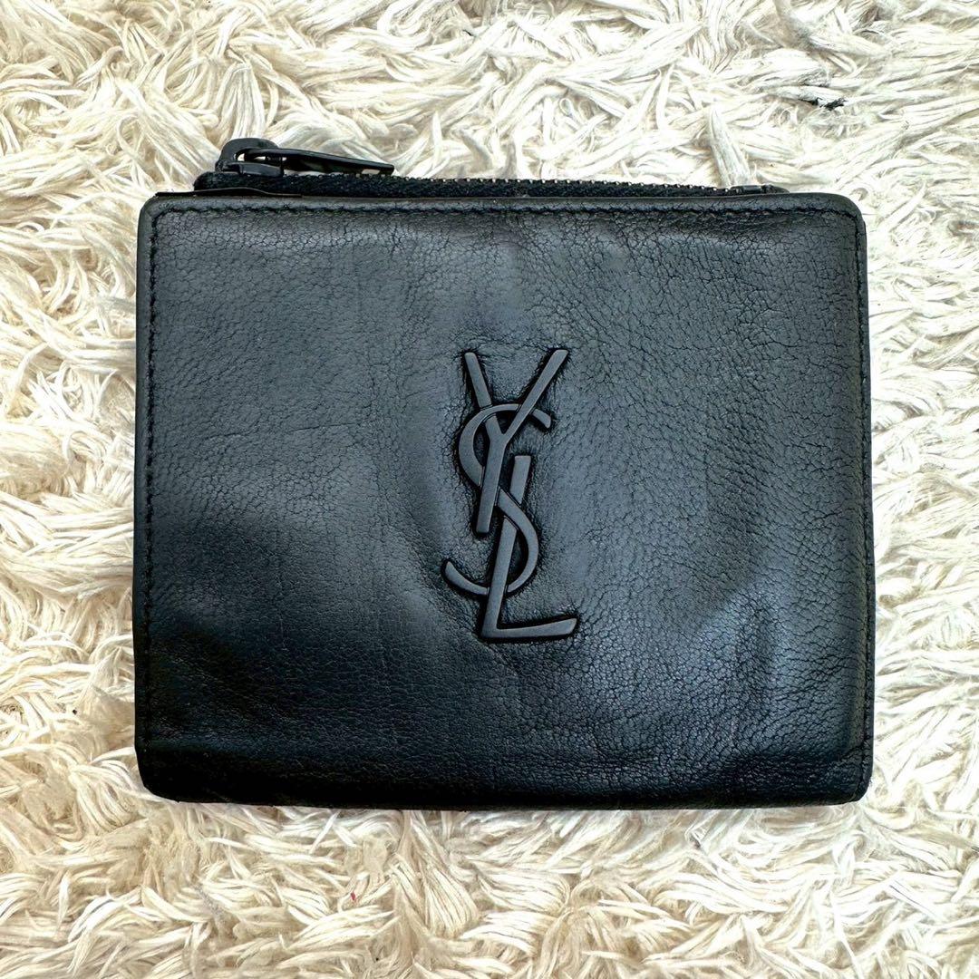 【美品】サンローラン 二つ折り財布 ブラック クロコ YSL レディース