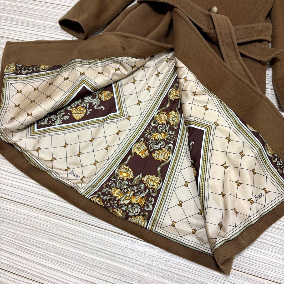 HERNO 羊毛 カシミヤ 裏地総柄 シルク ロングコート キャメル