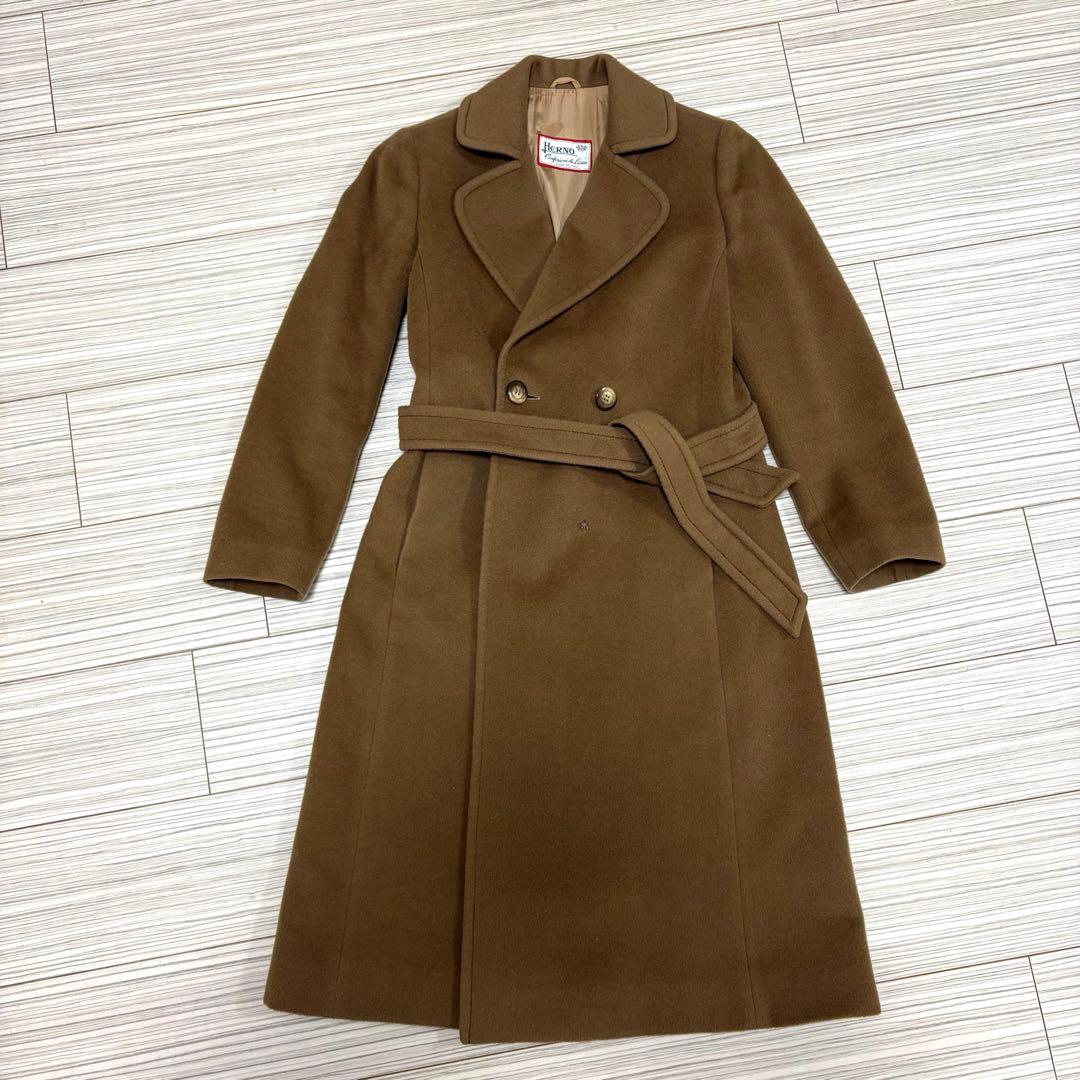 HERNO 羊毛 カシミヤ 裏地総柄 シルク ロングコート キャメル