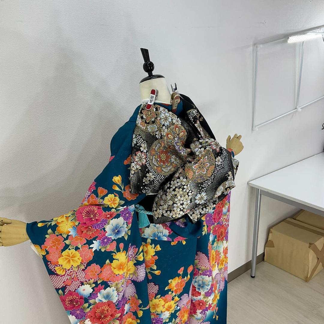 お振袖 ブルーグリーン　正絹　美品　成人式