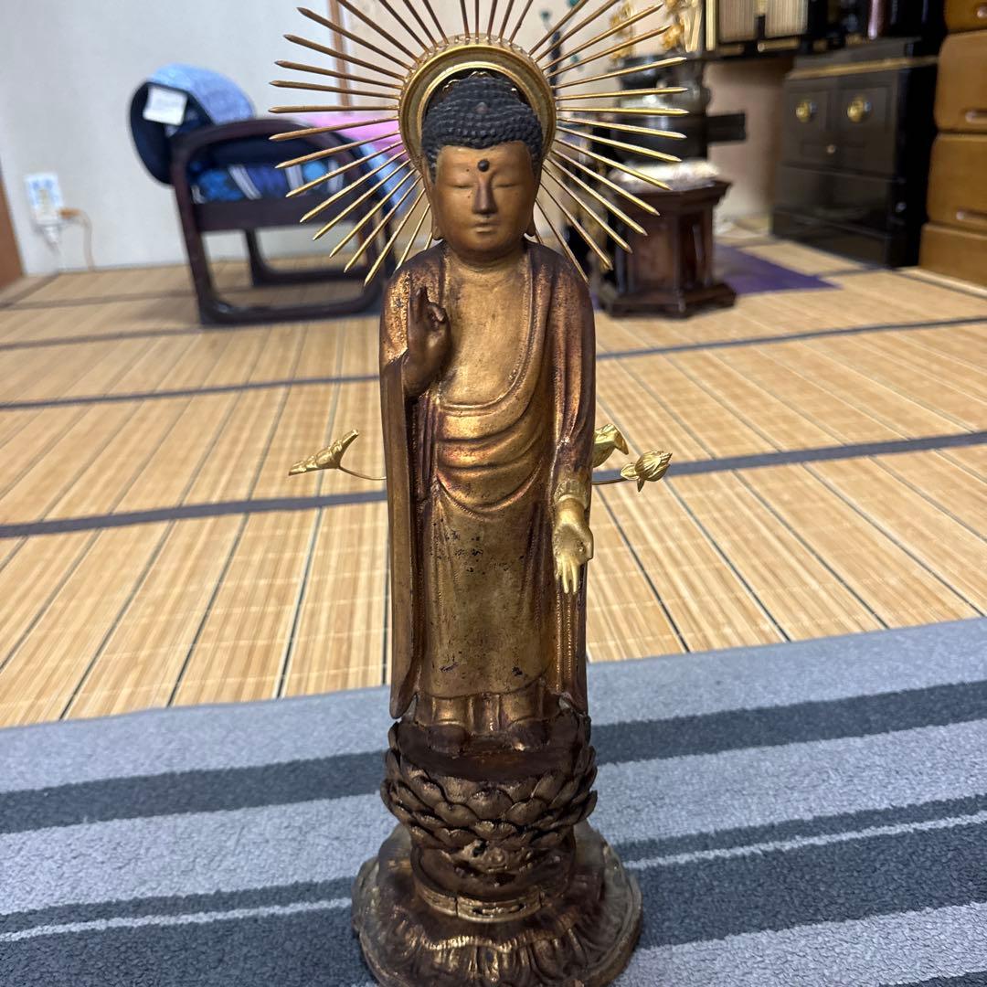 阿弥陀如来立像　木製仏像 金色の光背 約41cm
