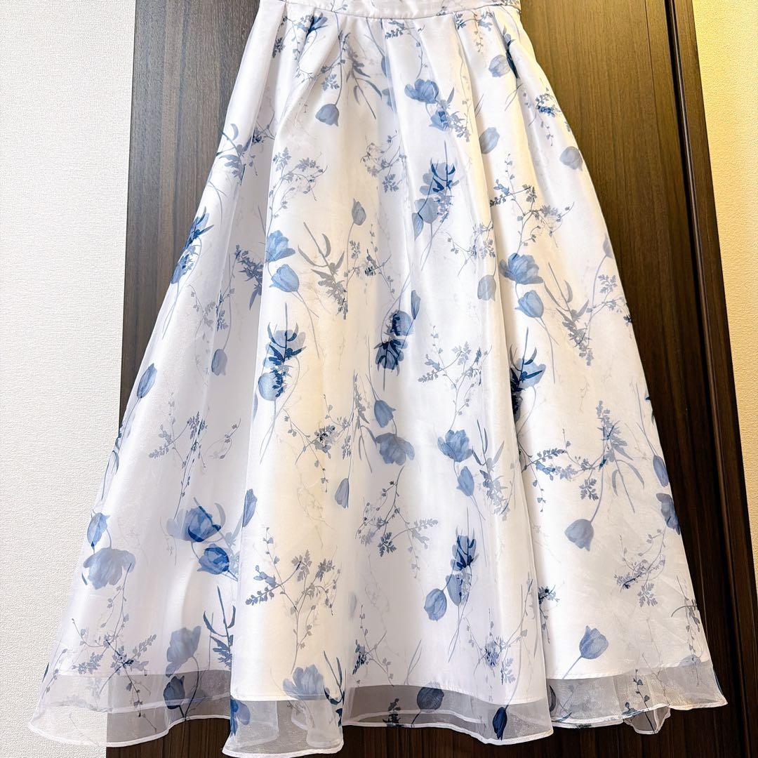 フラワープリント タックフレアスカート 花柄 セルフォード ブルー 36 S