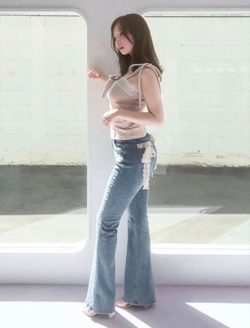パンツ andmary Lacey ribbon denim