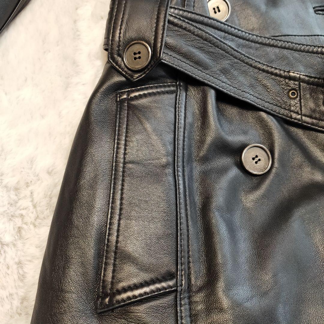 【美品】 羊革 ラムレザー トレンチコート ダブル ベルト付 ブラック